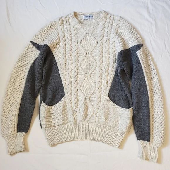 Irish Handknit Pure Wool Accento Crewneck Aran Sweater White/Black Size L - Picture 6 of 6